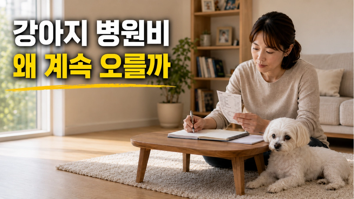 한국 가정집에서 보호자가 동물병원 영수증과 메모장을 확인하고 옆에 노령 말티즈가 조용히 쉬고 있는 모습