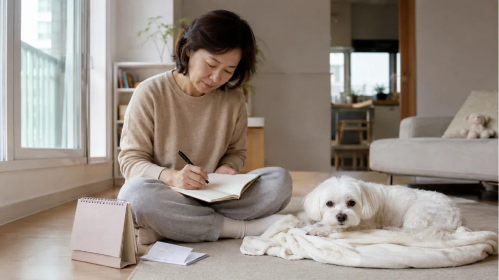 강아지 병원비 왜 계속 오를까 연령별 비용 증가 구조 분석 4 보호자가 노령 말티즈 옆에서 병원비와 진료 기록을 메모장에 정리하는 모습
