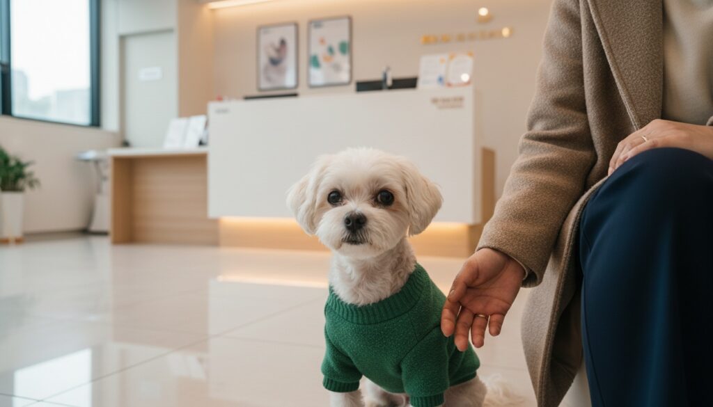 노령 말티즈가 보호자 옆에서 동물병원 대기실 바닥에 앉아 진료를 기다리는 장면