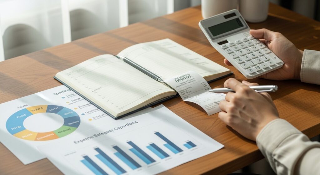 반려동물 양육 가구 소비 구조를 계산하는 가계부와 통계 그래프 장면