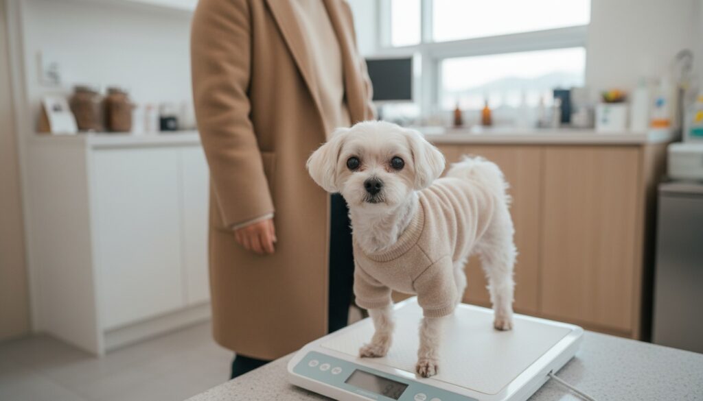 7세 이후 노령견 건강검진이 달라지는 이유: 검진 항목 증가의 구조 분석 2 7세 이상 노령견이 동물병원에서 체중을 측정하는 모습 – 노령견 건강검진 기본 항목