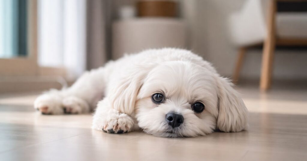 강아지 병원비 얼마일까 검사비 수술비 진료비 구조 데이터 분석 2 기운이 떨어져 바닥에 누워 있는 말티즈 상태 모습