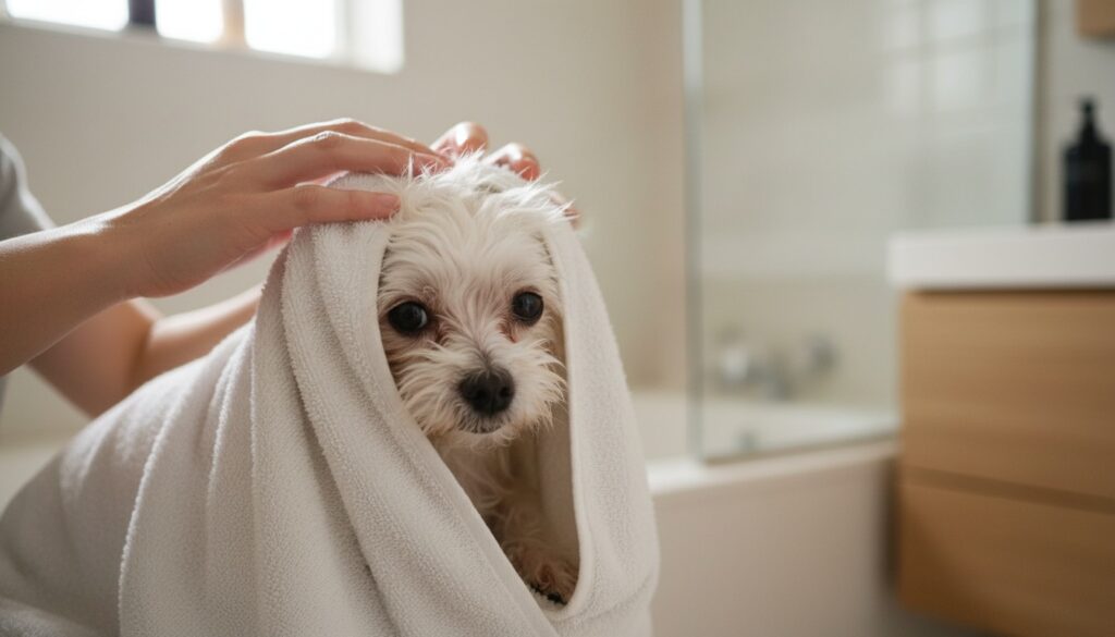 강아지 목욕 주기 얼마나 해야 할까 피부 건강 데이터 분석 2 강아지 목욕 주기 반려견 목욕 후 수건으로 말리는 장면