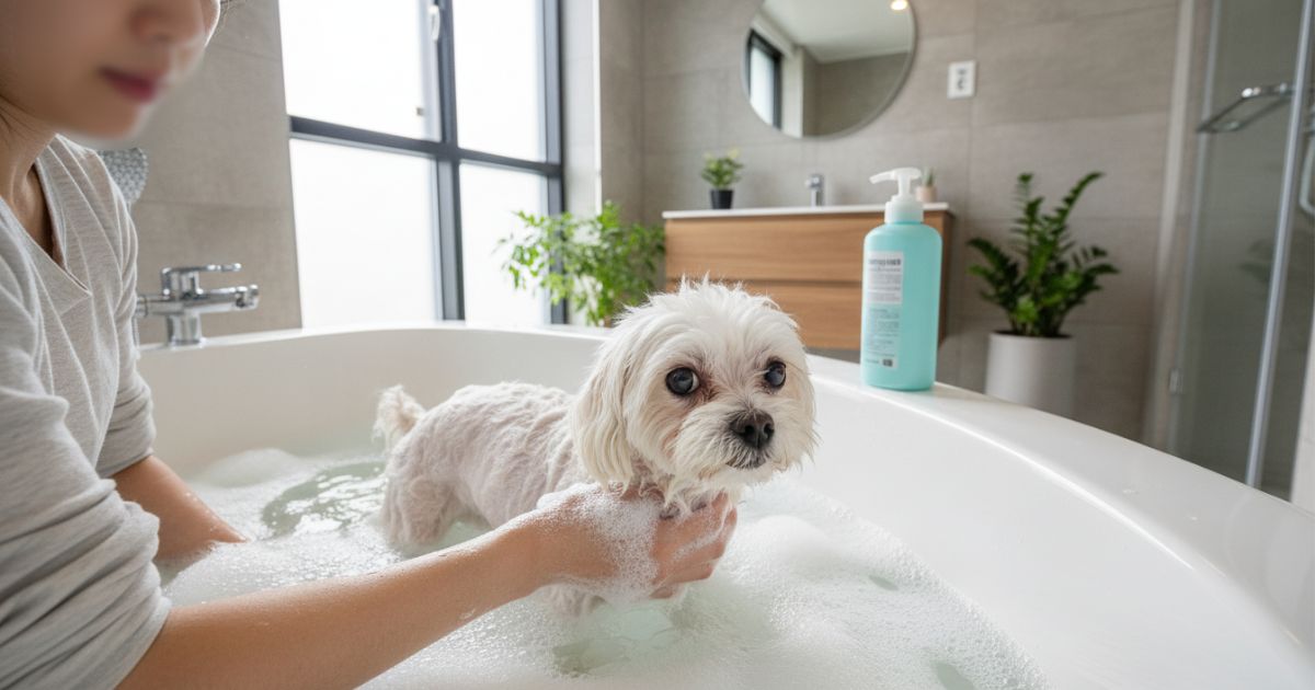욕조에서 보호자가 강아지를 목욕시키는 장면