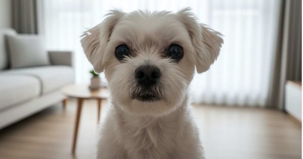 집에서 주변을 살피며 행동 변화를 보이는 강아지 모습