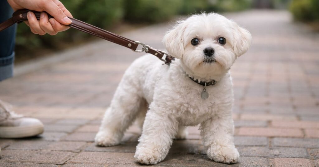 말티즈를 통제하는 상황에서 보호자 책임이 발생할 수 있는 장면 클로즈업