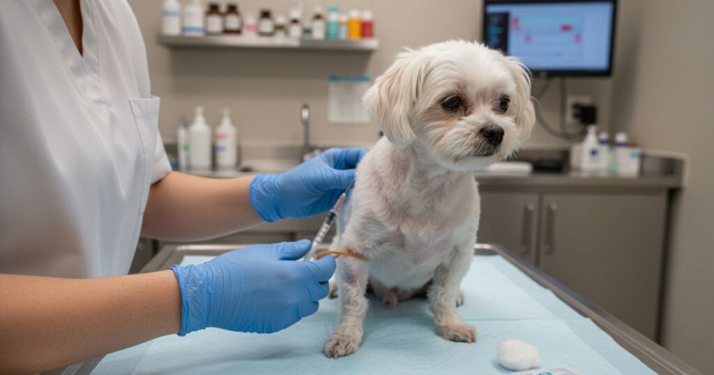 동물병원에서 강아지 혈액검사를 준비하는 수의사의 손과 검사 장비 모습
