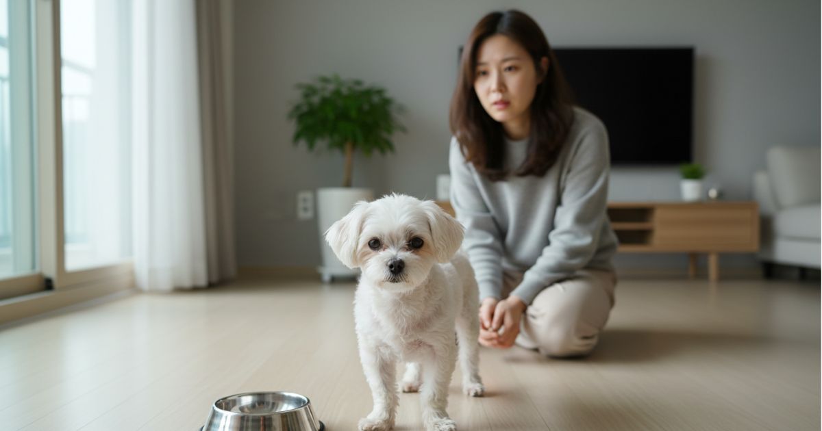 강아지 설사 상태를 보호자가 관찰하는 장면 실내 환경