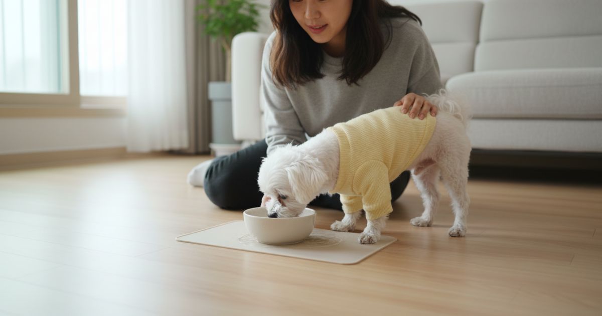강아지가 물그릇에서 물을 마시는 모습을 보호자가 관찰하는 장면