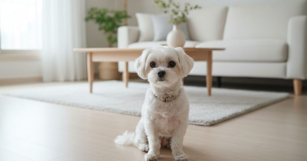 강아지 귀 청소 주기 2주가 적절할까 환경별 관리 데이터 분석 2 실내 거실 환경에서 생활하는 강아지 모습으로 귀 관리 필요성을 설명하는 장면