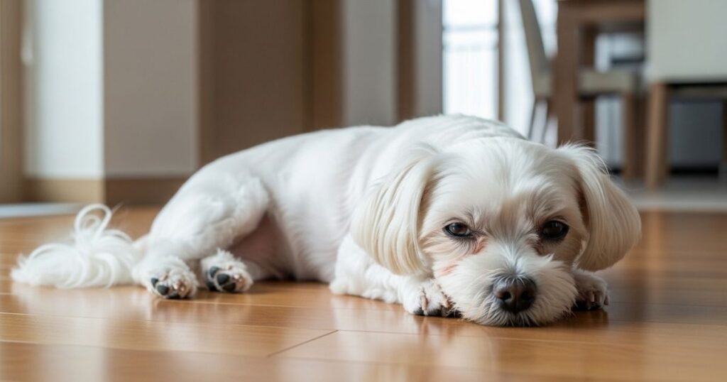 강아지 응급 진료비 평균 얼마일까 비용 구조 분석 2 무기력한 상태로 바닥에 누워 있는 말티즈 강아지 모습