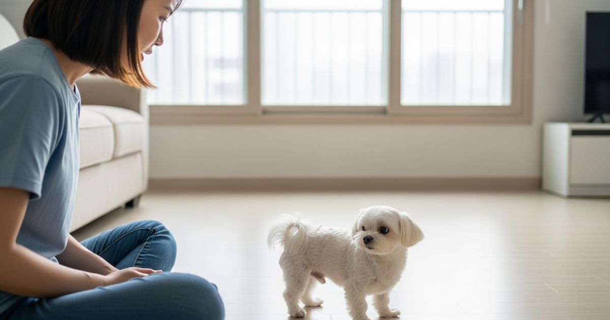 강아지 응급 상황에서 보호자가 말티즈 상태를 걱정스럽게 관찰하는 장면