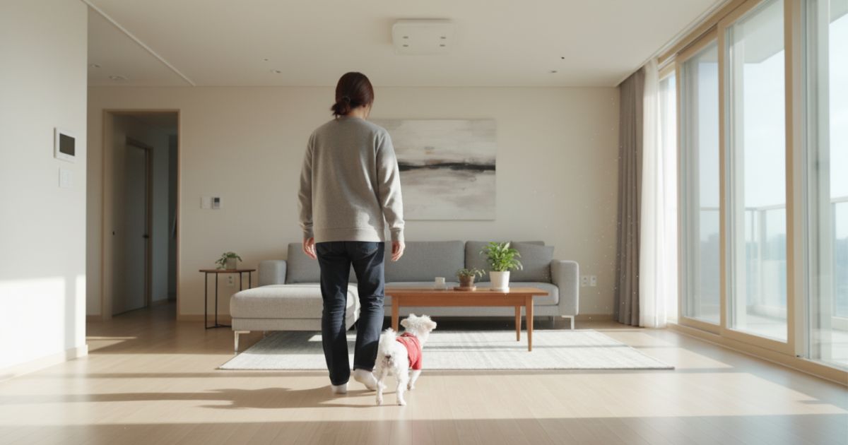 집 안에서 보호자를 따라다니는 작은 흰 강아지 행동 모습