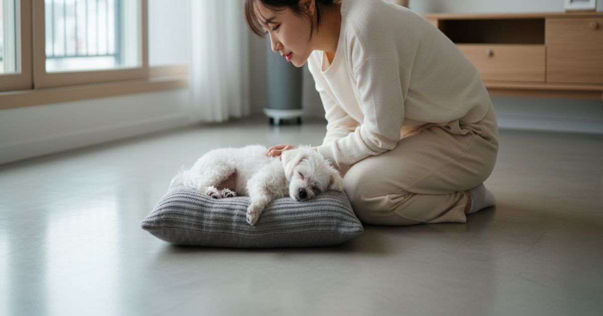 반려견의 생활 행동 변화를 관찰하며 건강 상태를 살펴보는 보호자와 강아지 모습