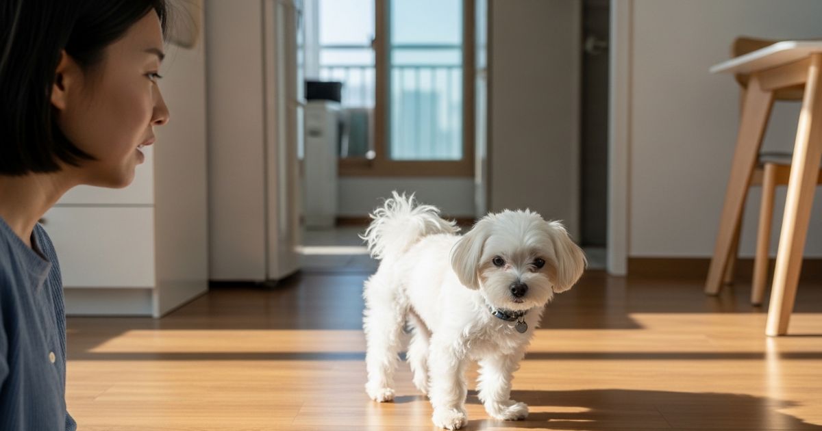 보호자가 강아지의 건강 이상 행동 변화를 관찰하는 모습