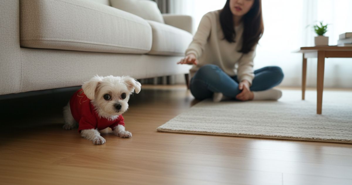 강아지가 소파 아래로 숨으려는 행동을 보호자가 바라보는 장면