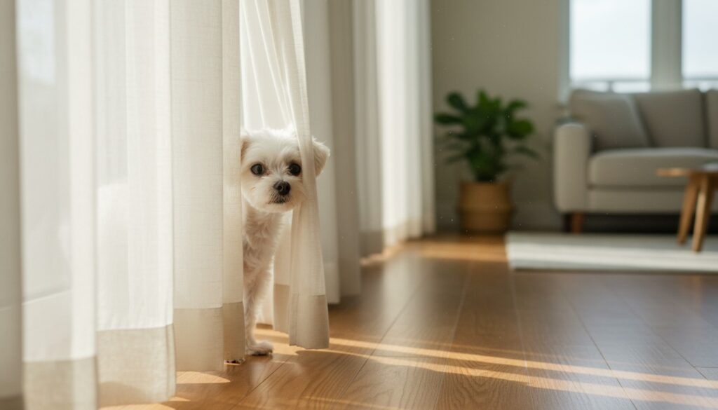 강아지 갑자기 숨는 이유 5가지 행동 변화 데이터 분석 3 강아지 갑자기 숨는 이유 커튼 뒤 행동 관찰 장면