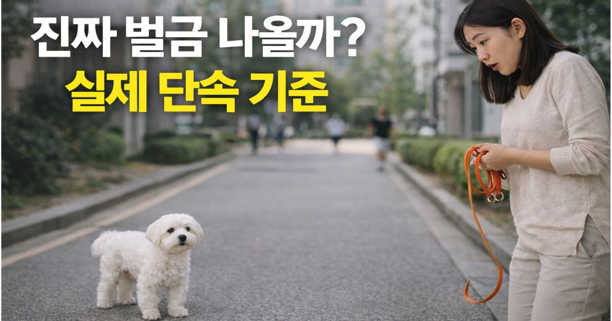 강아지 목줄 없이 외부에서 서 있는 말티즈를 보며 단속 기준을 고민하는 보호자