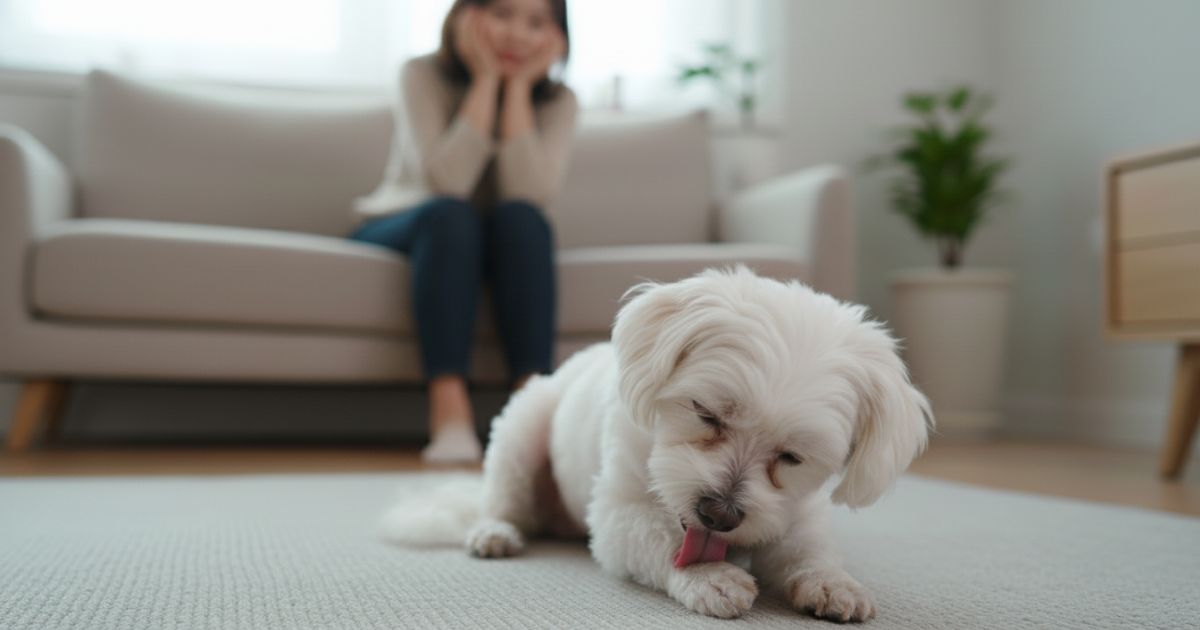 강아지가 발을 반복적으로 핥는 모습을 보호자가 걱정스럽게 관찰하는 장면