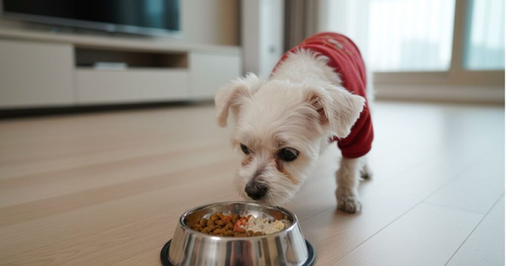 강아지 식욕 없는 이유 5가지 건강 신호 데이터 분석 2 사료 그릇 앞에서 냄새만 맡고 먹지 않는 강아지의 식욕 감소 행동 모습