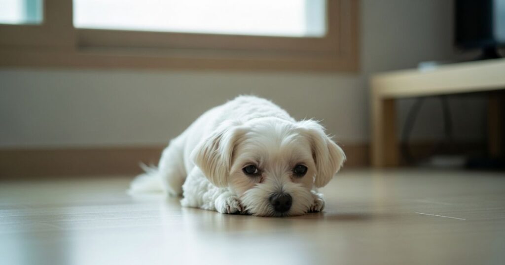 활동량이 줄어든 상태로 앉아 있는 강아지 건강 이상 신호 모습