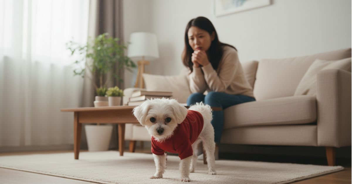 기운이 없어 보이는 강아지가 거실에서 천천히 움직이는 모습