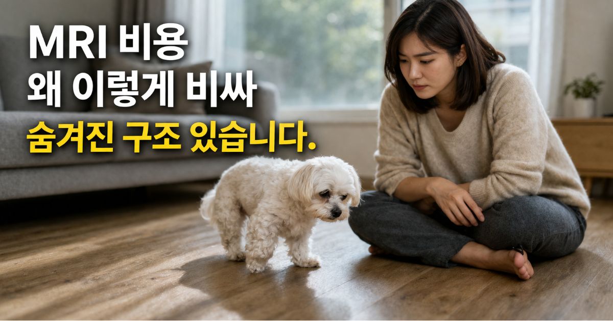강아지 MRI 검사 비용이 왜 비싼지 고민하는 보호자와 말티즈 모습