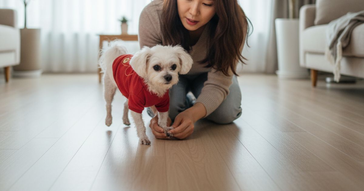 바닥을 걸으며 발톱이 닿는 강아지 발 상태를 보호자가 관찰하는 장면