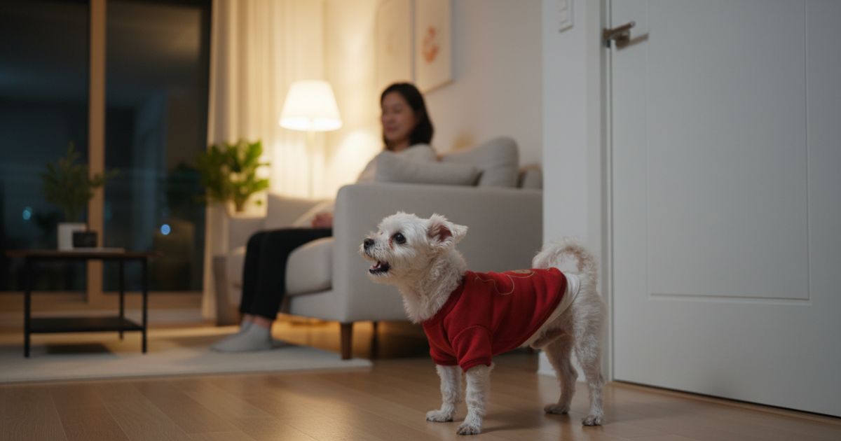 밤에 강아지가 짖는 행동을 보호자가 거실에서 관찰하는 장면