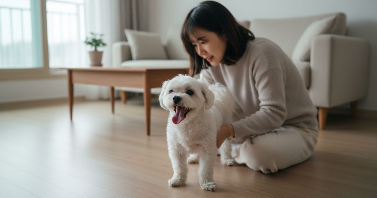 강아지가 혀를 내밀고 헐떡이는 모습을 보호자가 관찰하는 반려견 행동 장면