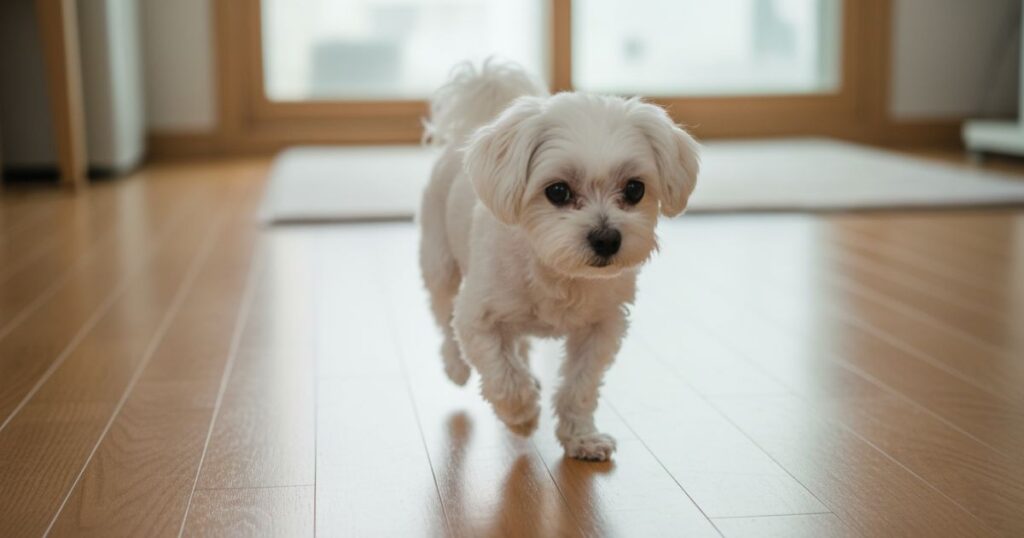 강아지 슬개골 탈구로 인해 한쪽 다리를 들고 걷는 초기 보행 이상 모습
