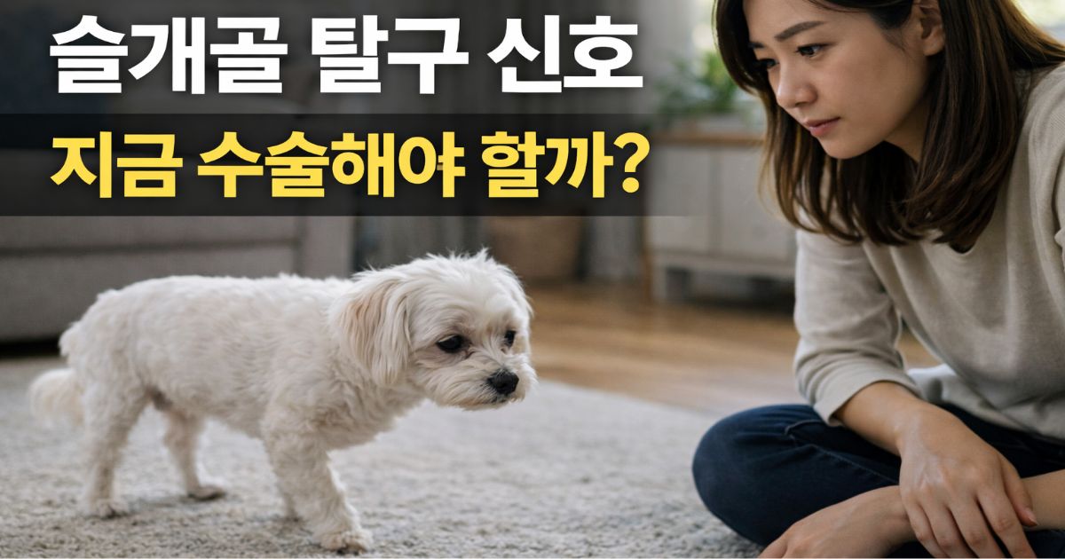 강아지 슬개골 탈구 신호로 뒷다리를 들고 있는 말티즈를 걱정스럽게 바라보는 보호자 모습