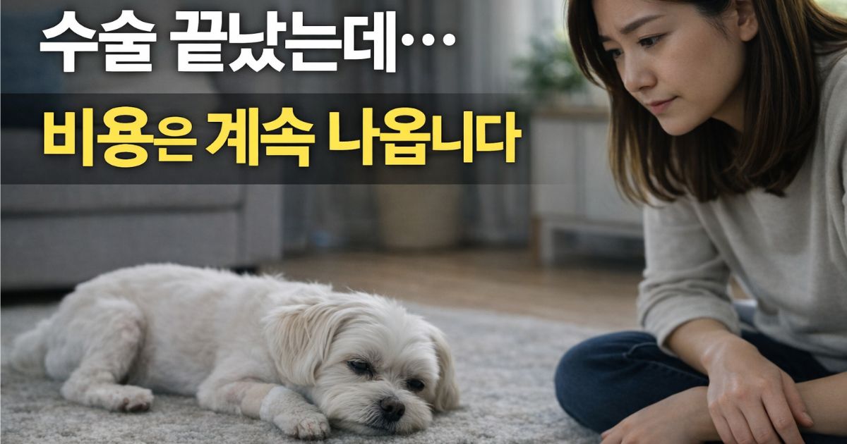 강아지 슬개골 수술 후 회복 중인 말티즈를 걱정스럽게 관찰하는 보호자 모습