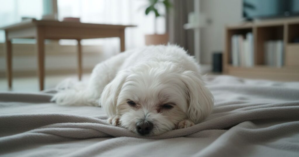슬개골 수술 후 회복 과정에서 움직임이 줄어든 말티즈 모습