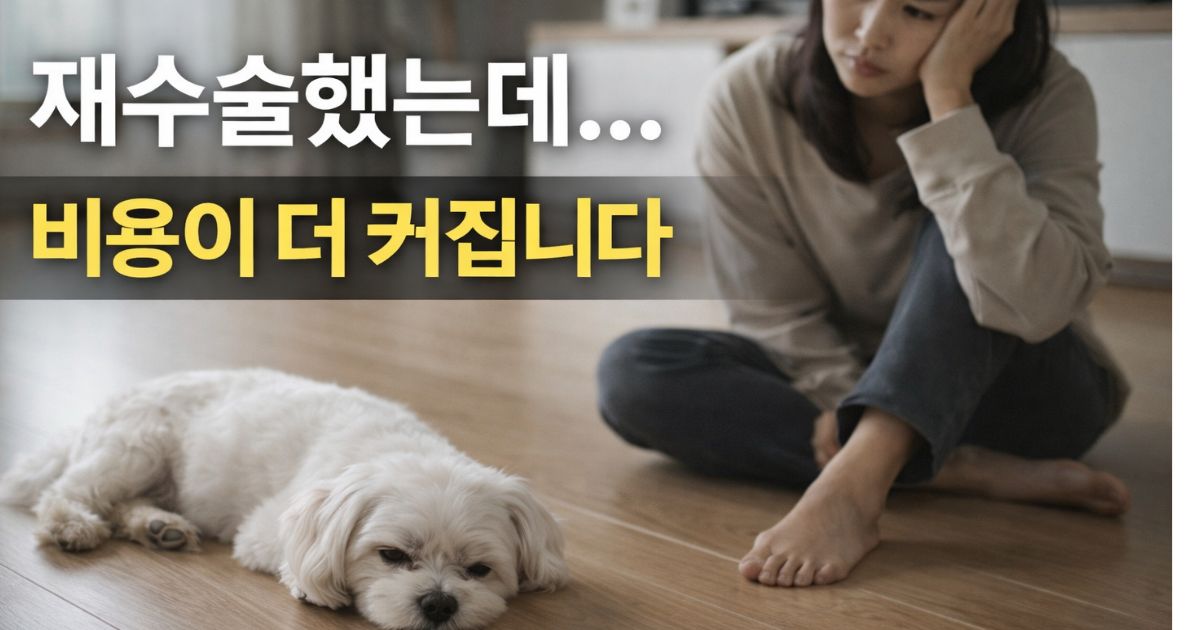 강아지 슬개골 재수술 후 말티즈 상태를 걱정스럽게 살피는 보호자 모습