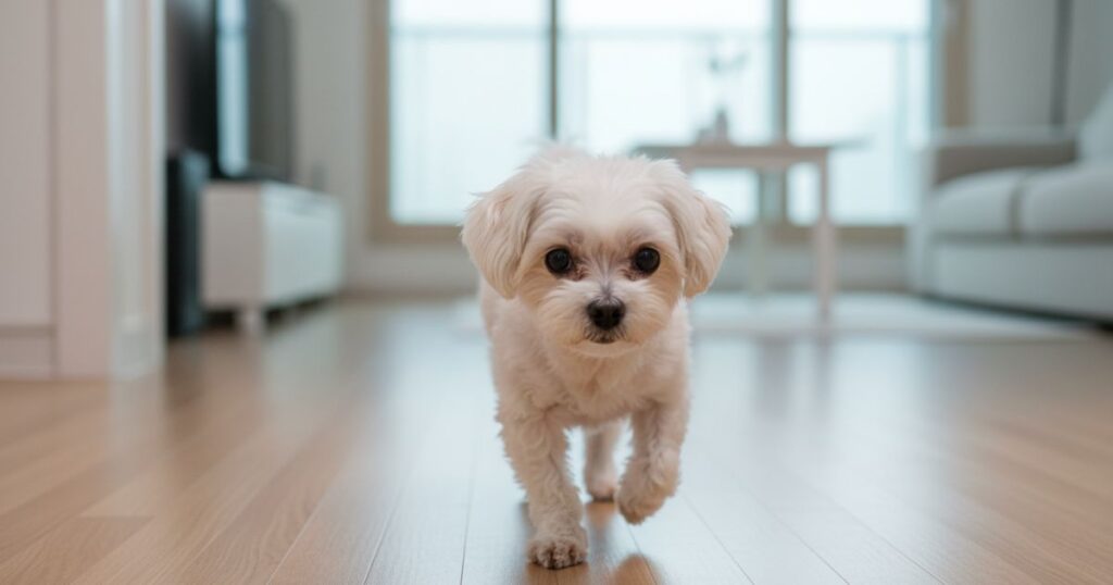 강아지 슬개골 재수술 비용 왜 더 커질까 구조 분석 2 슬개골 재발로 한쪽 다리를 조심스럽게 들고 걷는 말티즈 모습