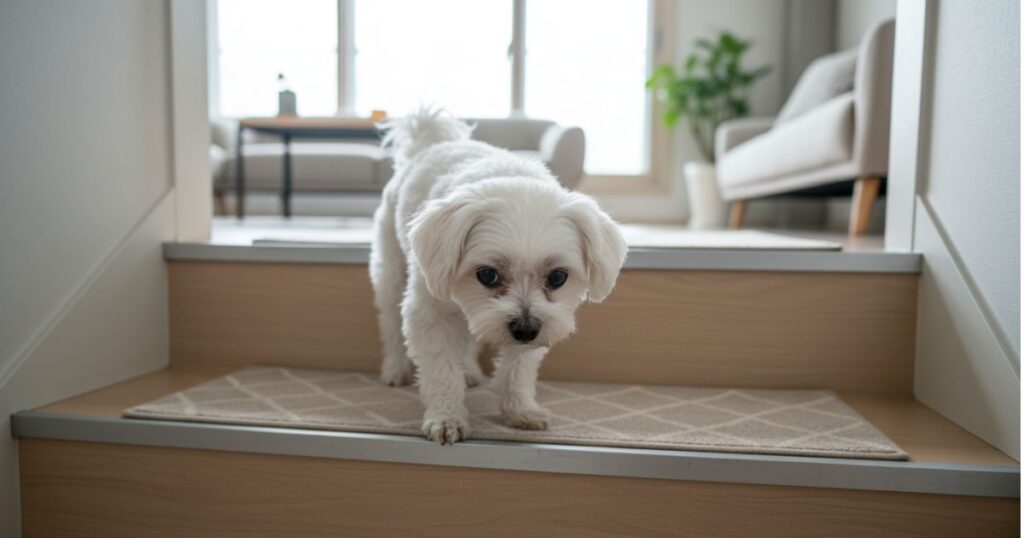 강아지 슬개골 탈구 상태에서 계단 내려올 때 보행 불안정이 나타나는 모습