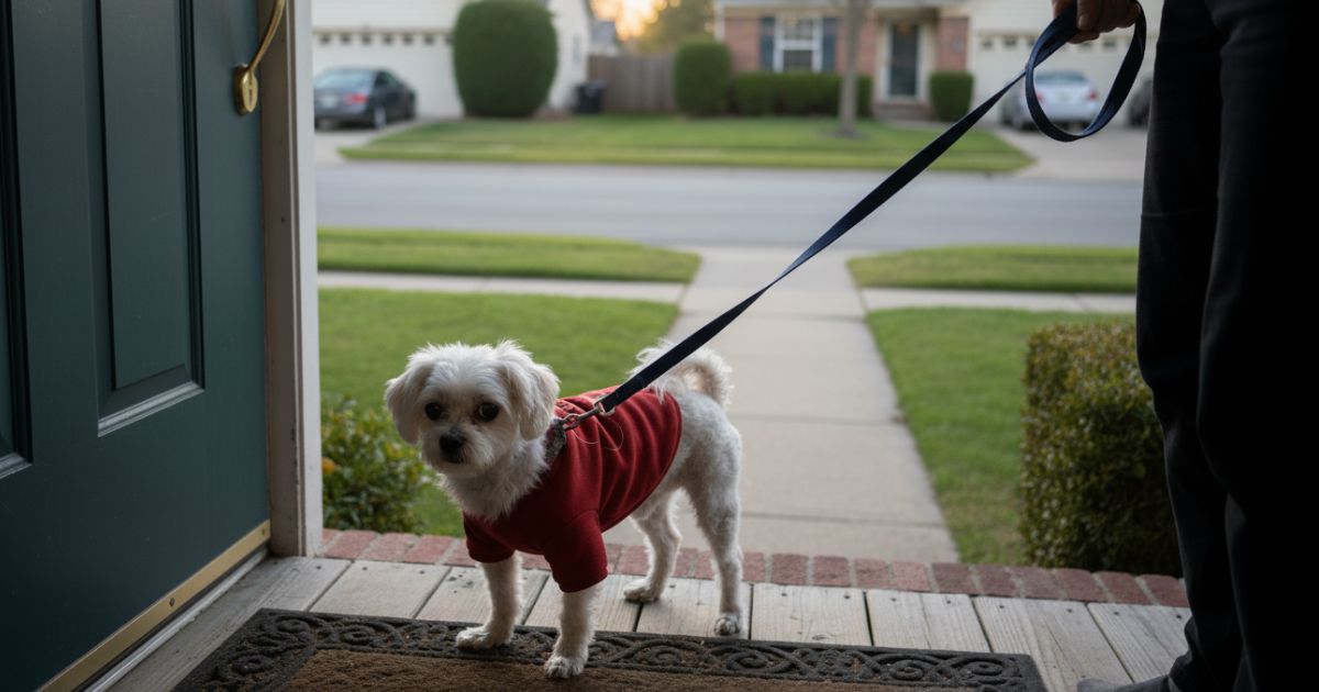 산책을 나가기 전 집 문 앞에서 움직이지 않는 강아지 모습