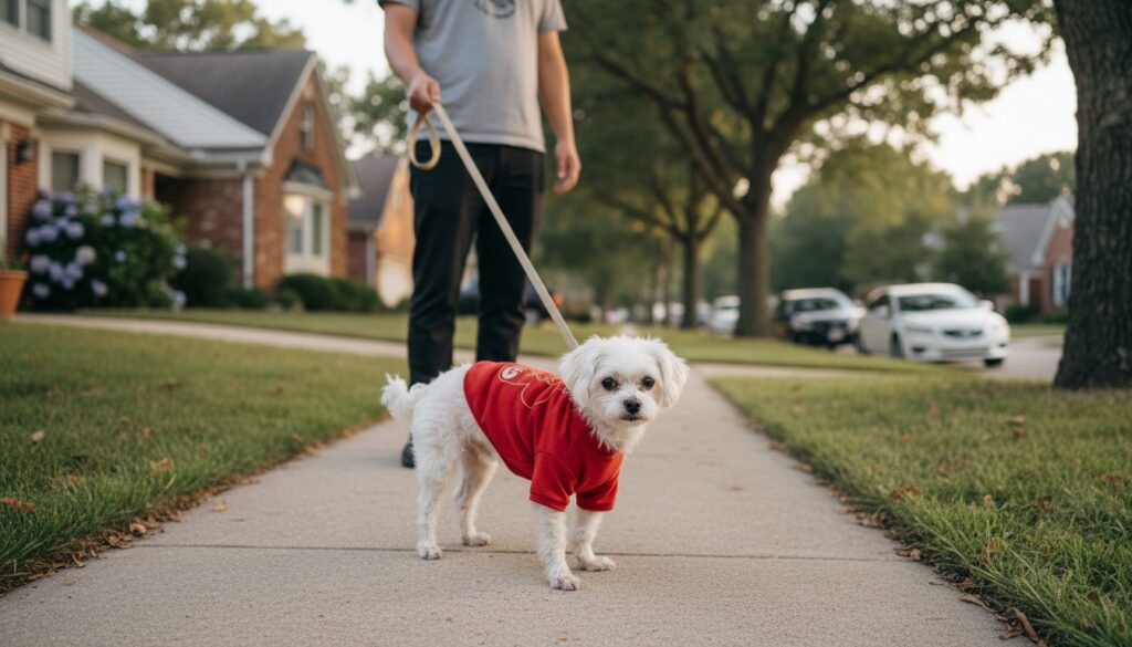 강아지 걷기 싫어하는 행동 산책 중 멈춘 반려견 보호자 관찰 장면