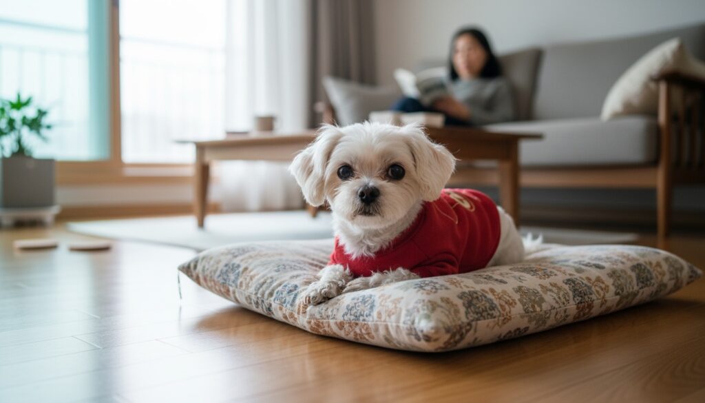 강아지 노령견 기준 몇 살부터 시작될까 연령 데이터 분석 2 거실 쿠션 위에서 쉬는 말티즈 반려견 모습 - 강아지 노령견 기준 연령 분석