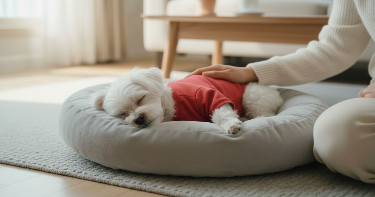 강아지 잠자는 시간을 조용히 관찰하며 수면 행동 데이터를 확인하는 보호자와 반려견 모습