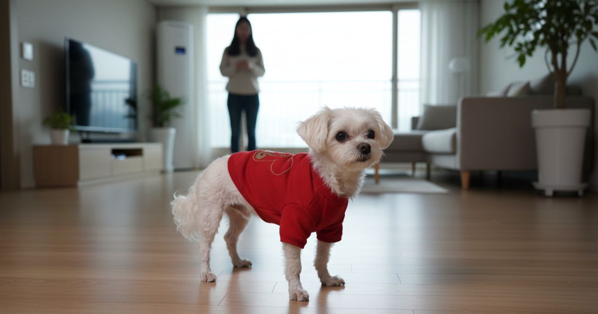 낯선 환경에서 꼬리를 낮추고 있는 작은 흰 강아지를 보호자가 바라보는 모습