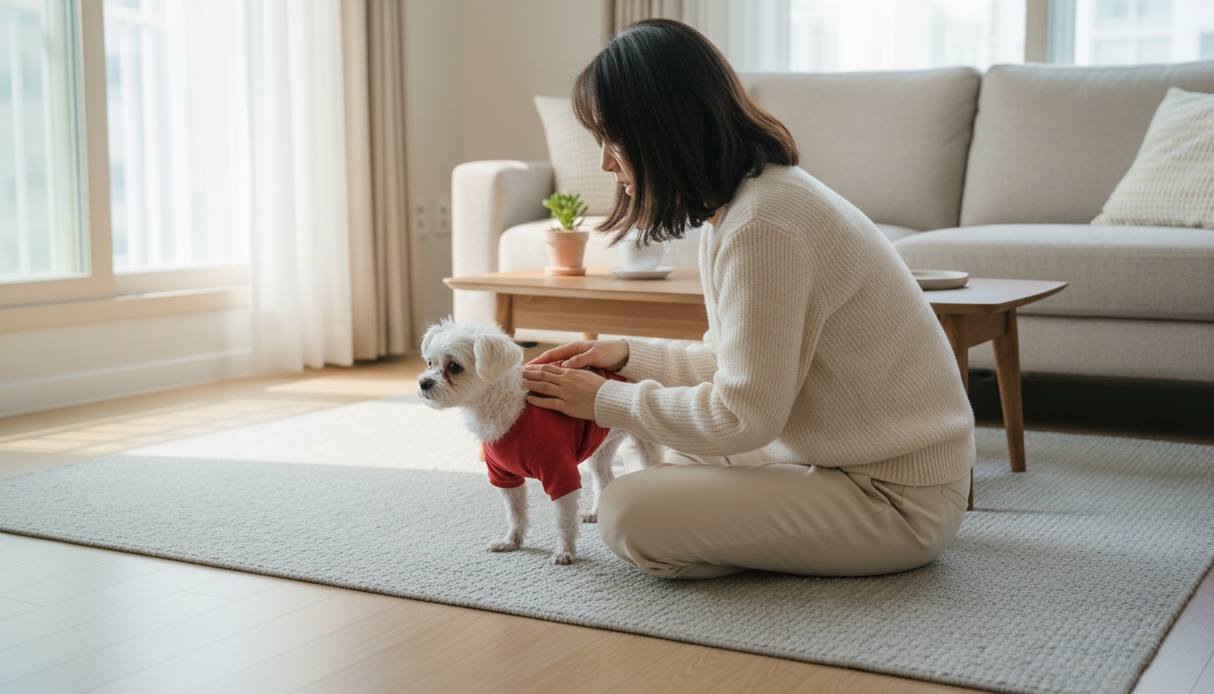 강아지 몸 떠는 행동을 관찰하며 상태를 확인하는 보호자와 반려견 모습