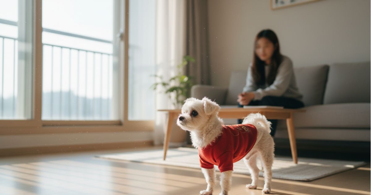 반려견이 실내 환경에서 행동 변화를 보이며 서 있는 모습