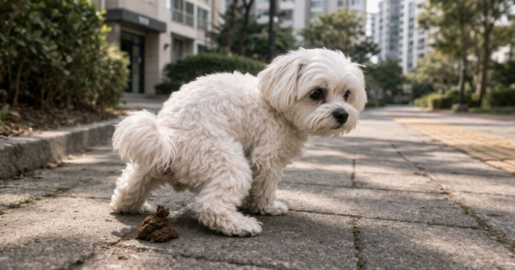 말티즈가 공공장소에서 배변하는 장면과 미처리 상황 클로즈업