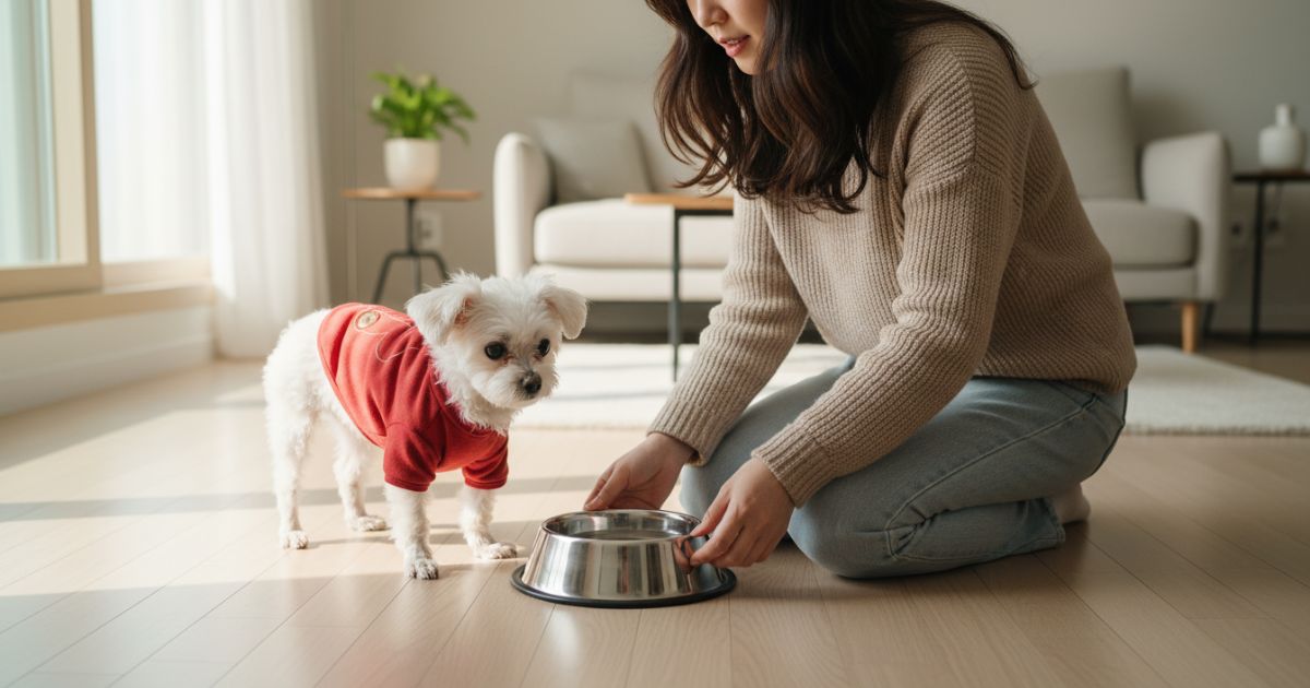 강아지가 물그릇을 바라보고 보호자가 물그릇 위치를 조정하는 장면
