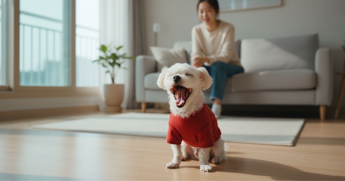강아지 하품 행동을 보호자가 관찰하는 장면