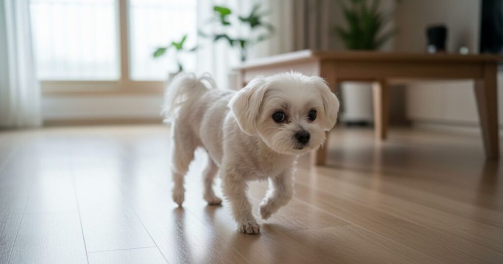 미끄러운 바닥에서 조심스럽게 걷는 말티즈 관절 불안정 모습