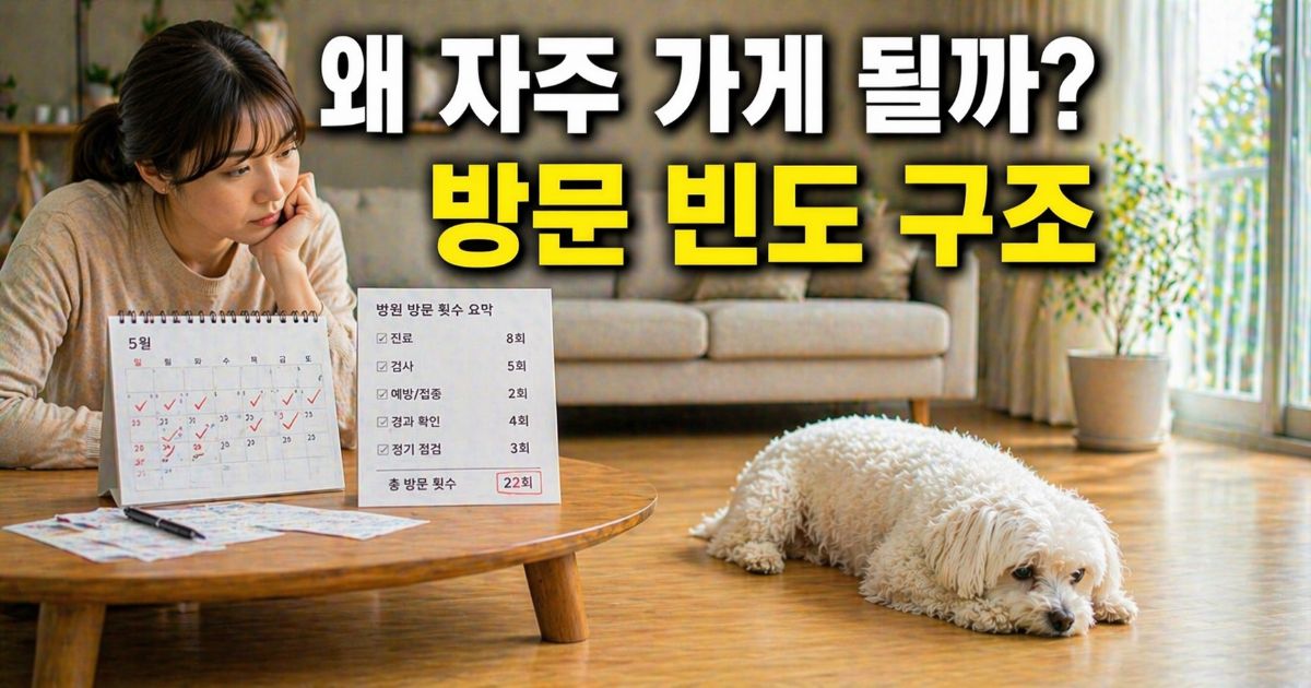 달력과 방문 체크리스트를 확인하며 반려견 병원 방문 횟수를 살펴보는 보호자와 말티즈