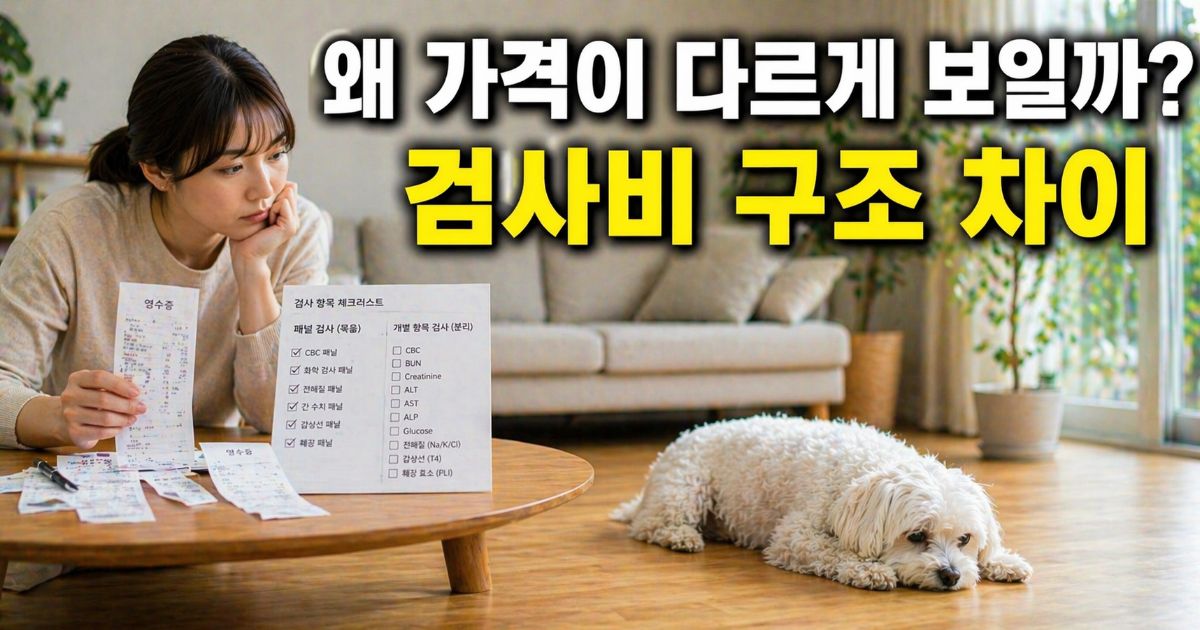 반려견 검사비 구조를 비교하며 영수증을 확인하는 보호자와 말티즈